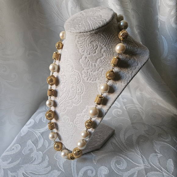 Monet Faux Pearl and Gold Tone Mesh Bead Necklace - Picture 2 of 5